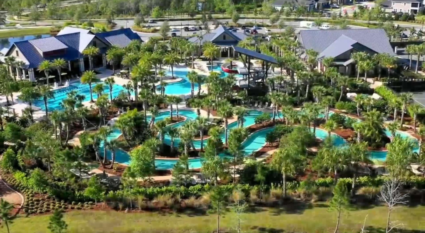 an aerial view of a water park